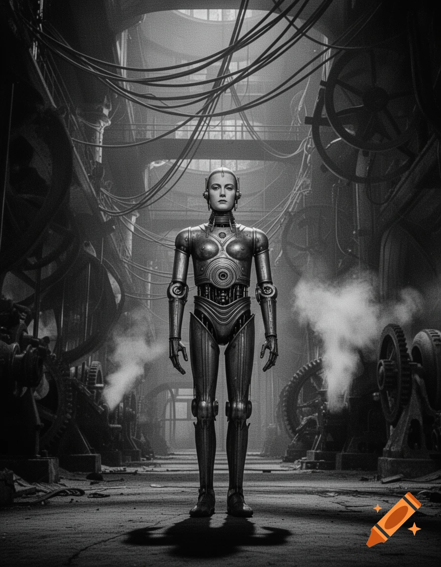 A metallic, humanoid robot with a human-like face stands in a dark, steamy industrial factory, in a grainy black and white film style.