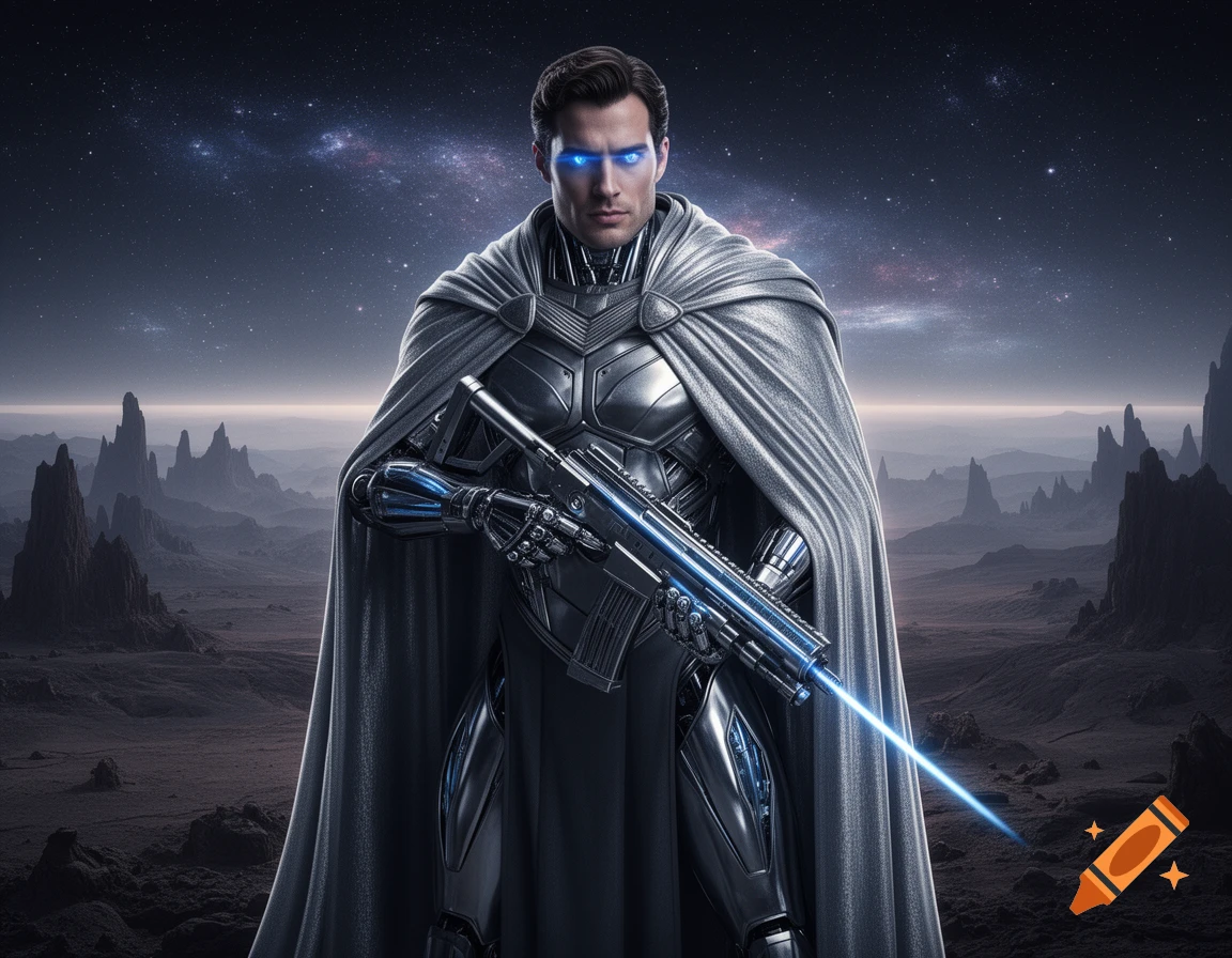 Man resembling Henry Cavill in futuristic armor, silver cloak, glowing blue eyes, holding a laser rifle on an alien planet.