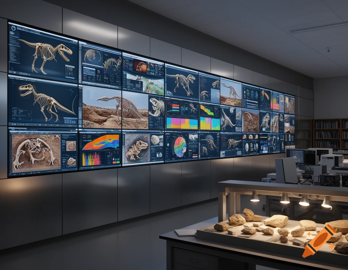 A modern paleontology lab features a large wall of screens displaying dinosaur skeletons, fossils, and data. Rock samples sit on illuminated tables.
