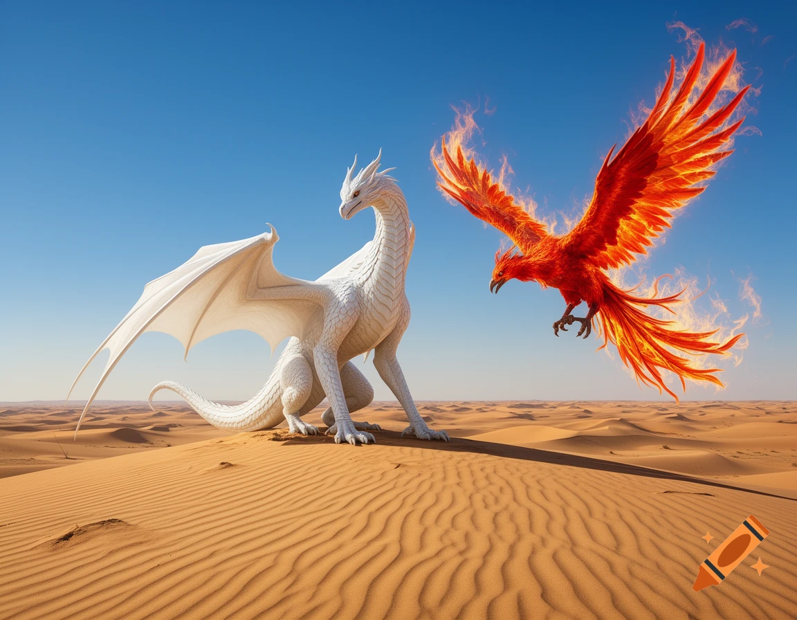 A photorealistic white dragon sits on a desert dune while a fiery red phoenix flies nearby under a clear blue sky.