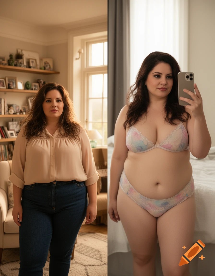 A split image of a woman, casually dressed on the left, and in a bra and underwear taking a mirror selfie on the right.