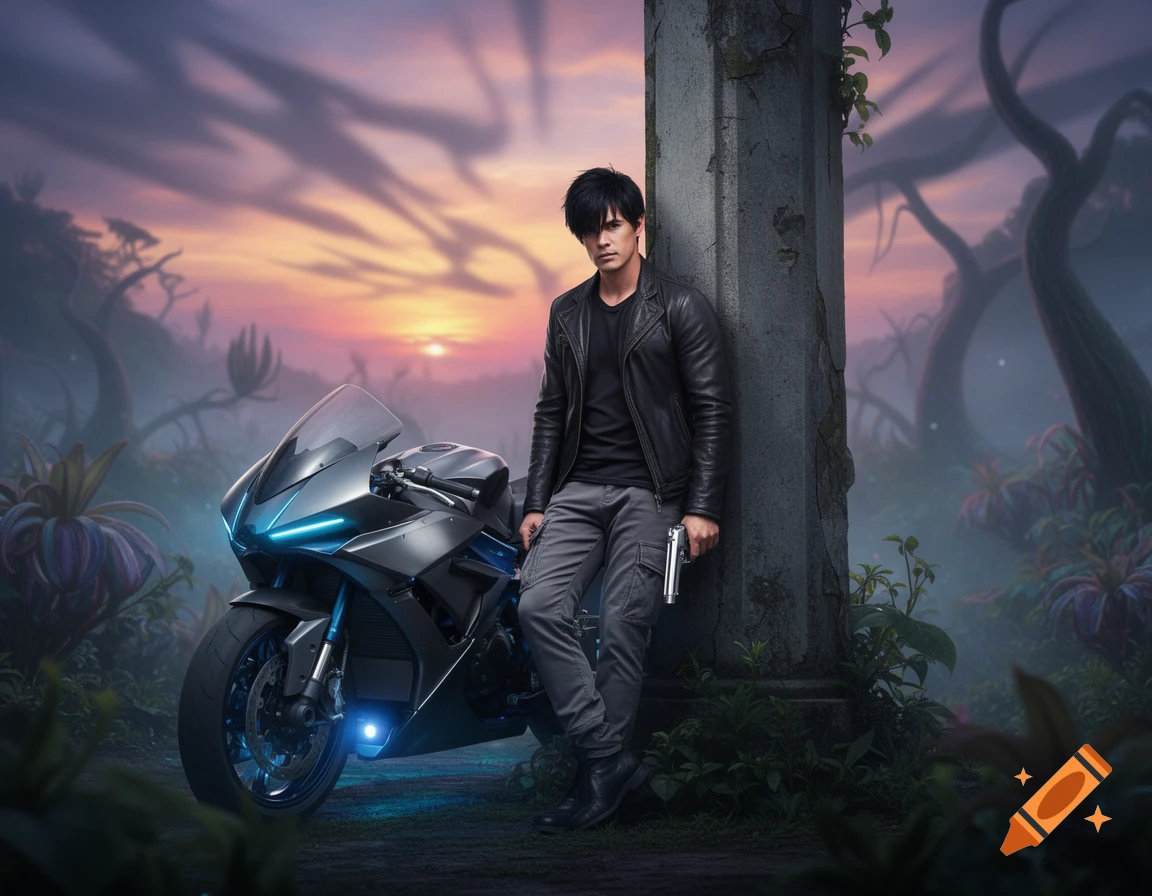 A man in a black leather jacket with a pistol leans on a pillar next to a futuristic motorcycle in a fantasy landscape at sunset.