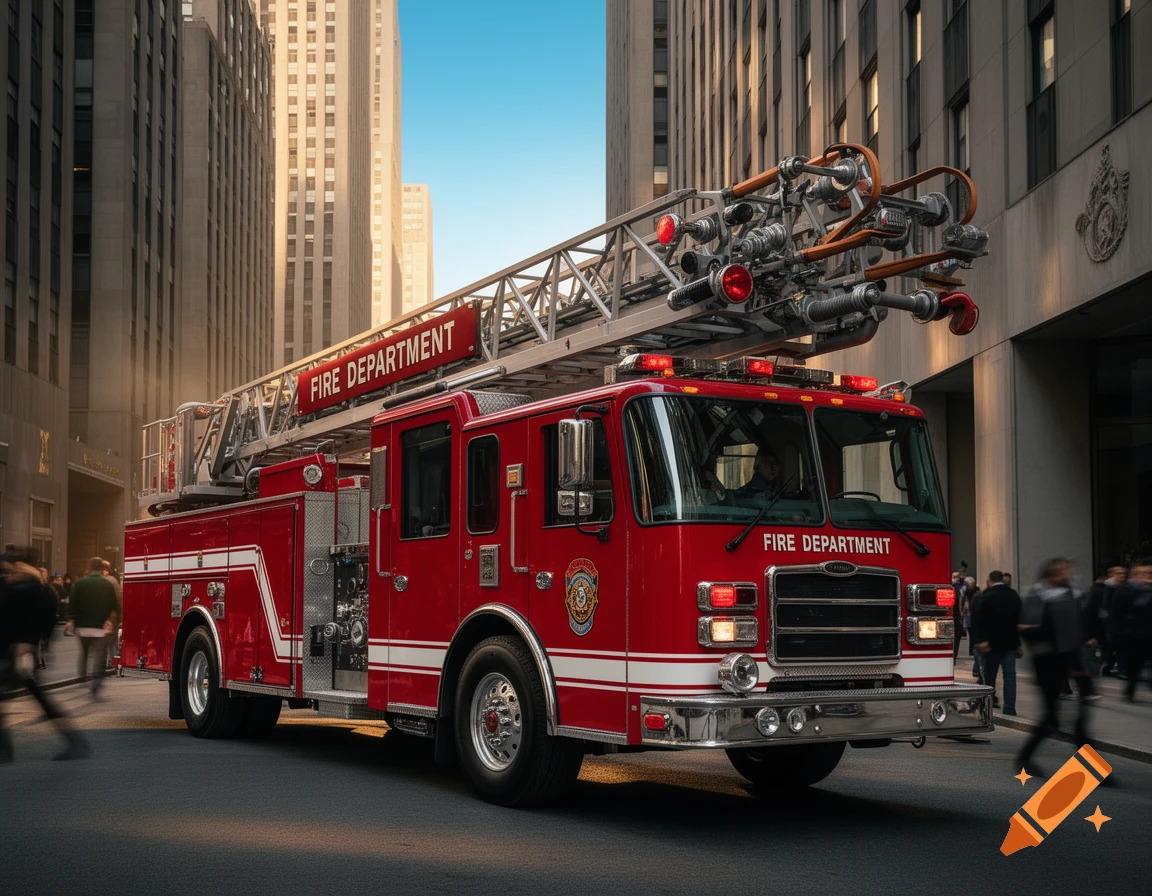 A bright red fire truck with its ladder extended drives down a city street lined with tall buildings.