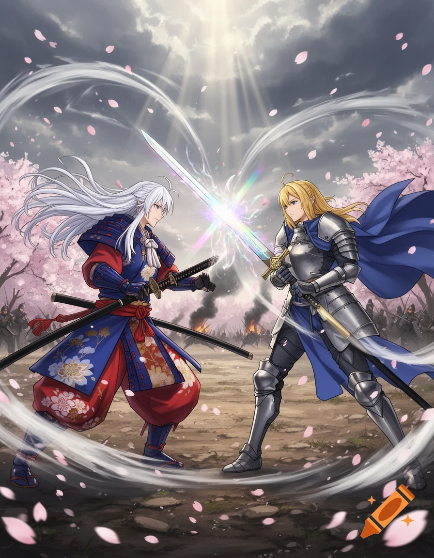 Anime illustration of a white-haired samurai and a blonde knight dueling with swords clashing under cherry blossom trees.