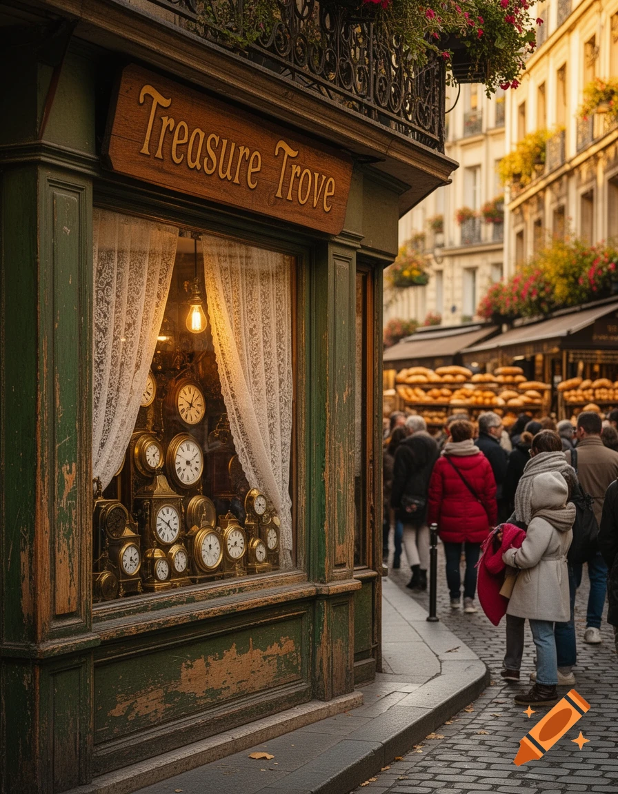 A vintage-style shop named "Treasure Trove" displaying many antique clocks in its window on a cobbled street with people and buildings in the background.