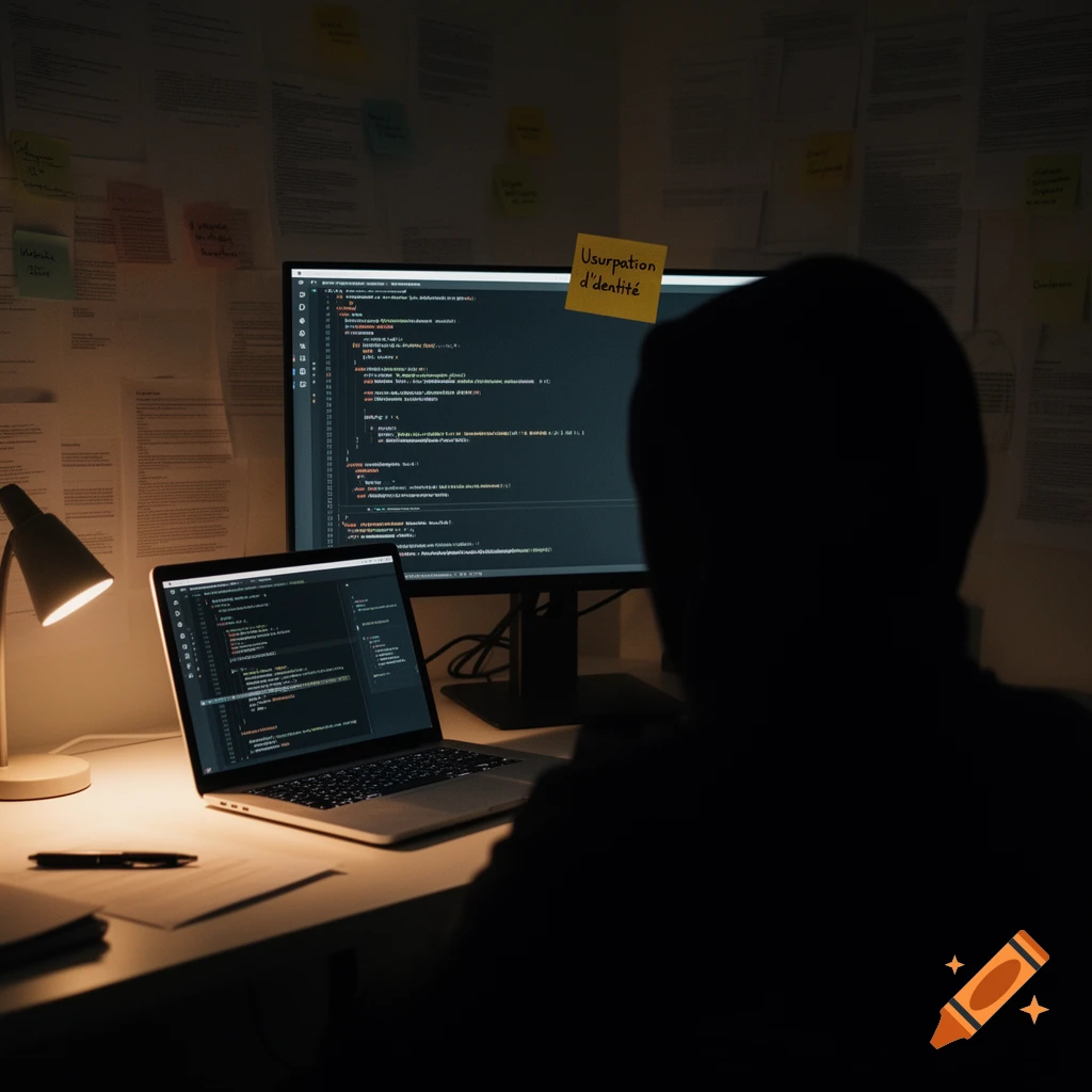 A person works in a dimly lit room, silhouetted against computer screens displaying code, with an 'Usurpation d'identité' sticky note on the monitor.
