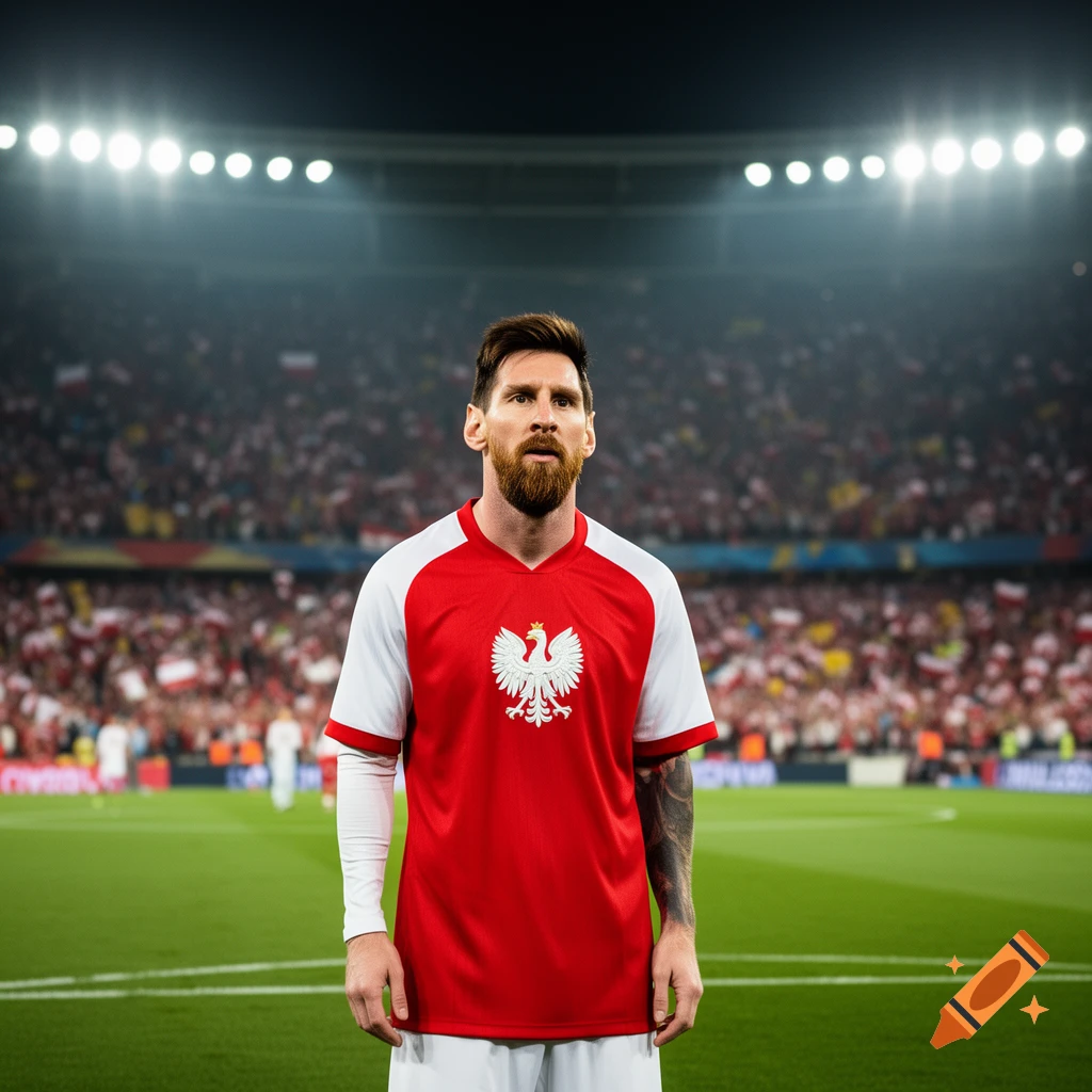 Photorealistic image of Lionel Messi wearing a Poland national football team jersey in a stadium with a crowd.