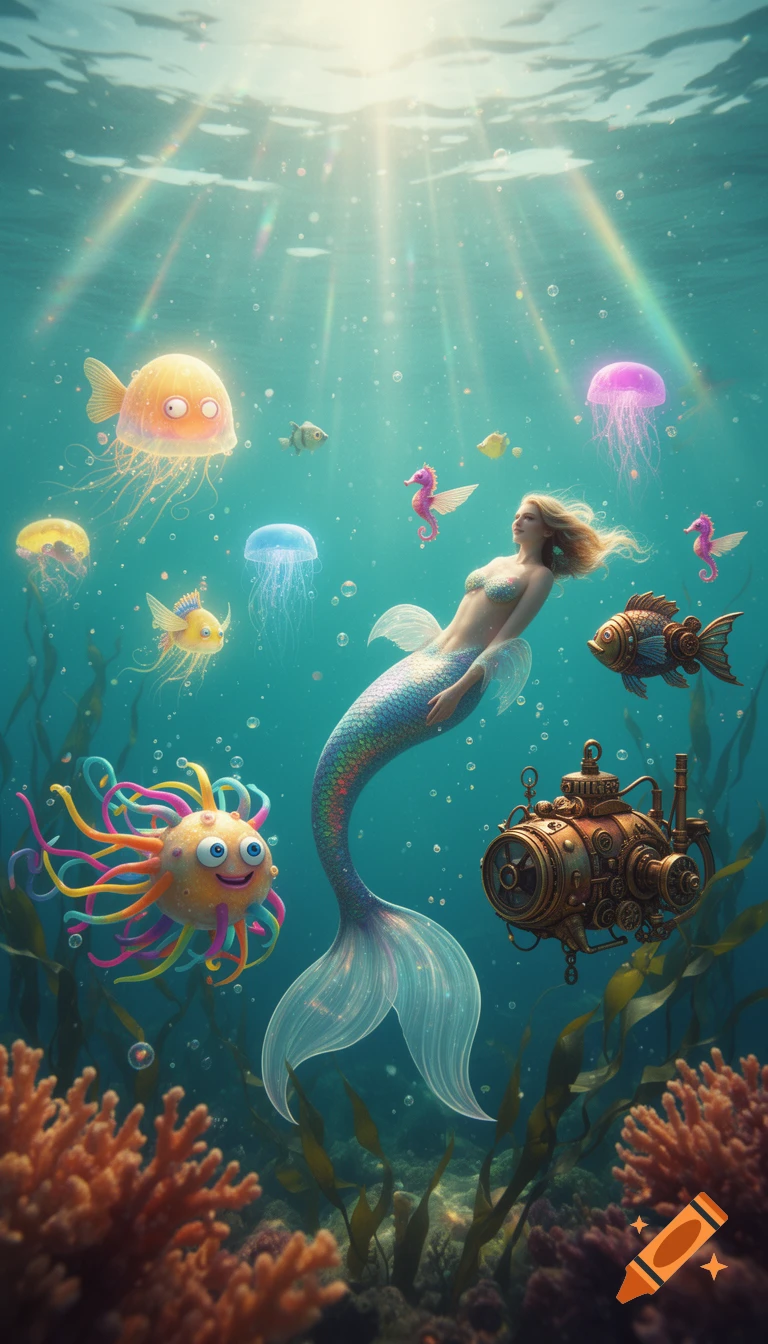 A graceful mermaid swims underwater amidst glowing jellyfish, whimsical sea monsters, and steampunk fish, with sunlight streaming down.