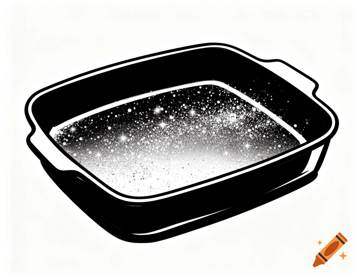 A black and white comic graphic of a baking dish filled with sparkling sugar on a white background.