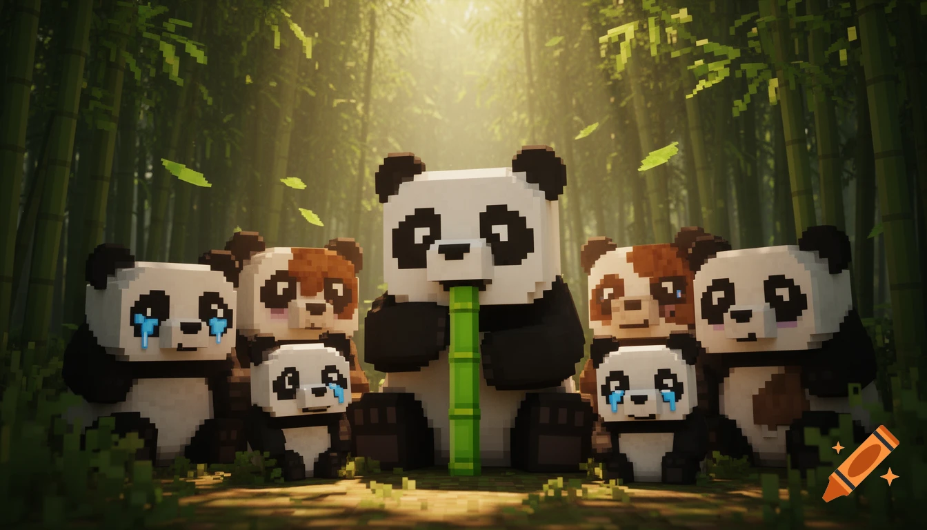 Pixelated Minecraft-style pandas, including a large one eating bamboo, surrounded by smaller pandas in a sunlit bamboo forest.