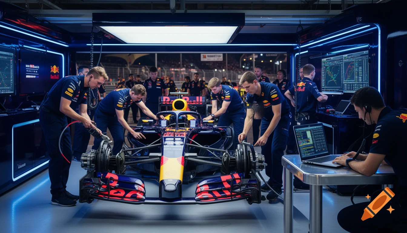 Photorealistic scene of Red Bull Racing mechanics working on a Formula 1 car in a neon-lit garage at night.
