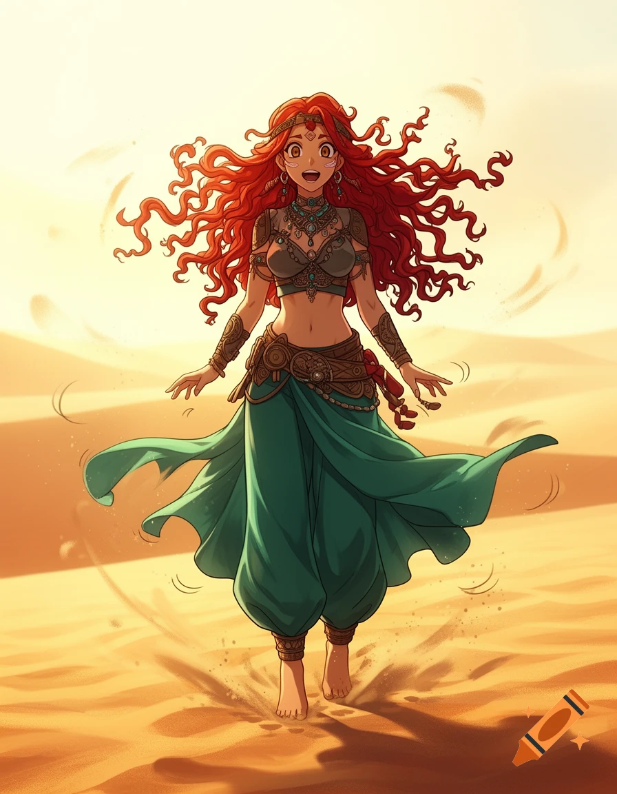 Anime-style woman with red curly hair in a turquoise belly dancer outfit standing barefoot in a sandy desert.
