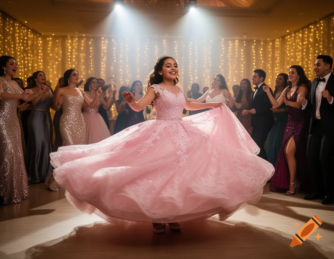 A smiling girl in a voluminous pink quincea YC-C_dress twirls on a dance floor, surrounded by happy guests at a brightly lit party.