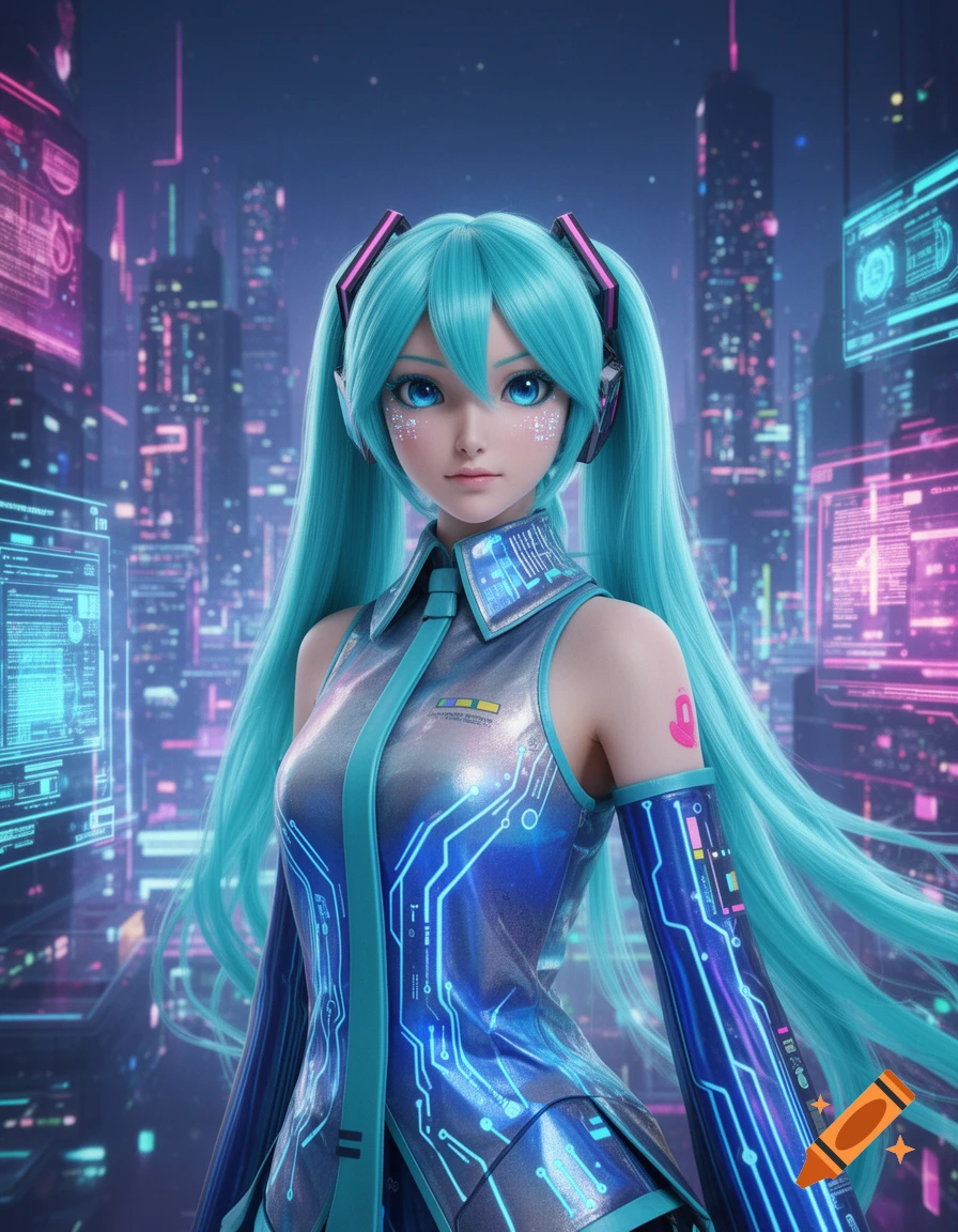 Stylized anime girl with long turquoise pigtails wearing a metallic blue and teal futuristic circuit-patterned dress in a neon cyberpunk city.