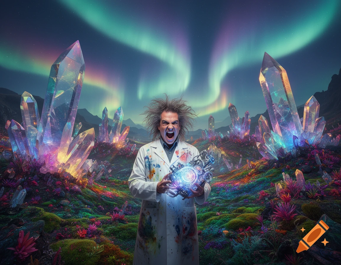 A growling mad scientist with wild hair holds a glowing device in a vibrant, psychedelic landscape with large, colorful crystals under an aurora sky.