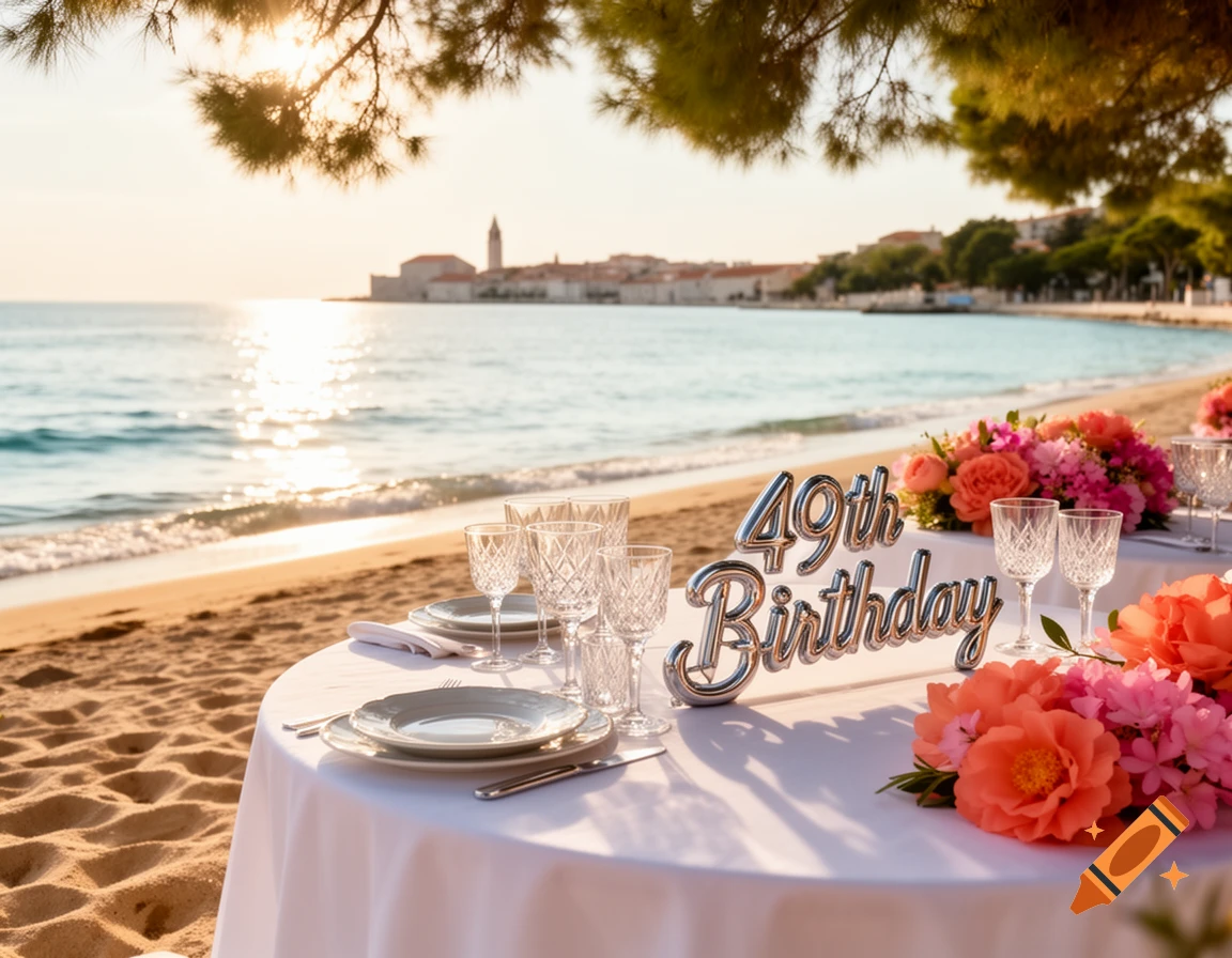 Photorealistic image of a 49th Birthday celebration table set on a sandy beach at sunset, with flowers and a distant coastal town.