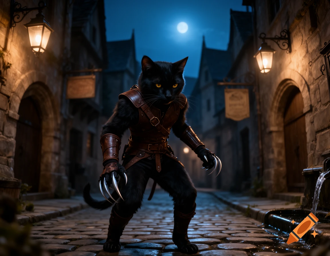 A black catfolk rogue with glowing yellow eyes and sharp claws, wearing leather armor, stands in a dark medieval cobblestone alley at night.