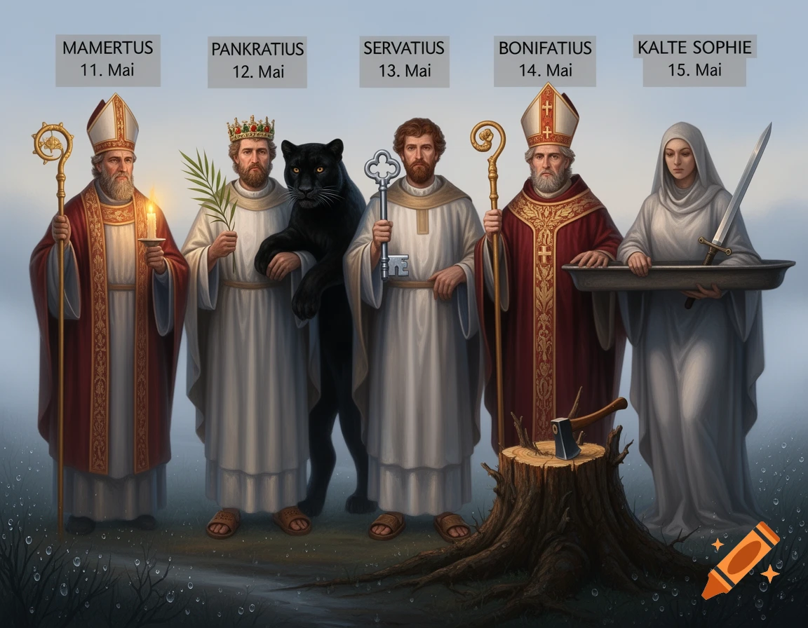 Five figures of the Ice Saints, four men and one woman, with their names and dates, holding various symbolic objects.