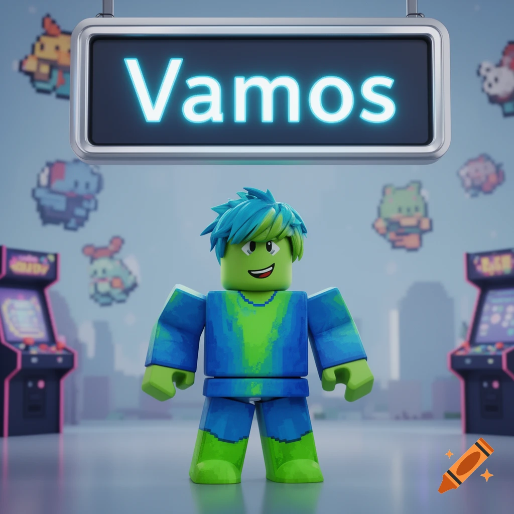 Roblox character in green and blue, standing under a glowing sign that says 'Vamos', with pixel art creatures and arcade machines.