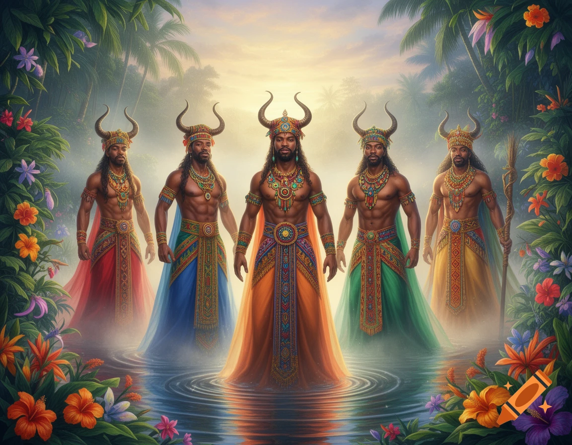 Five men with horned headpieces and colorful garments stand in a shallow pool in a lush tropical jungle, surrounded by vibrant flowers.