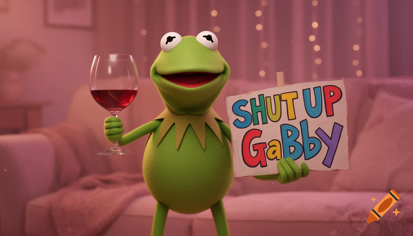 Kermit the Frog smiles, holding a glass of red wine and a sign that says 'SHUT UP GaBbY' in a cozy room with fairy lights.