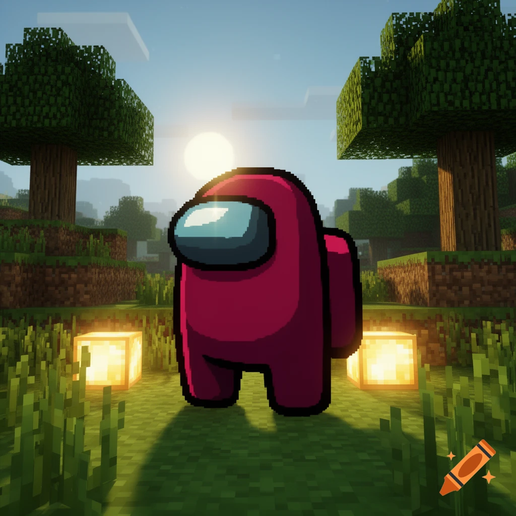 A pixelated red Among Us crewmate stands in a blocky Minecraft landscape with trees, grass, and glowing blocks under a bright sky.