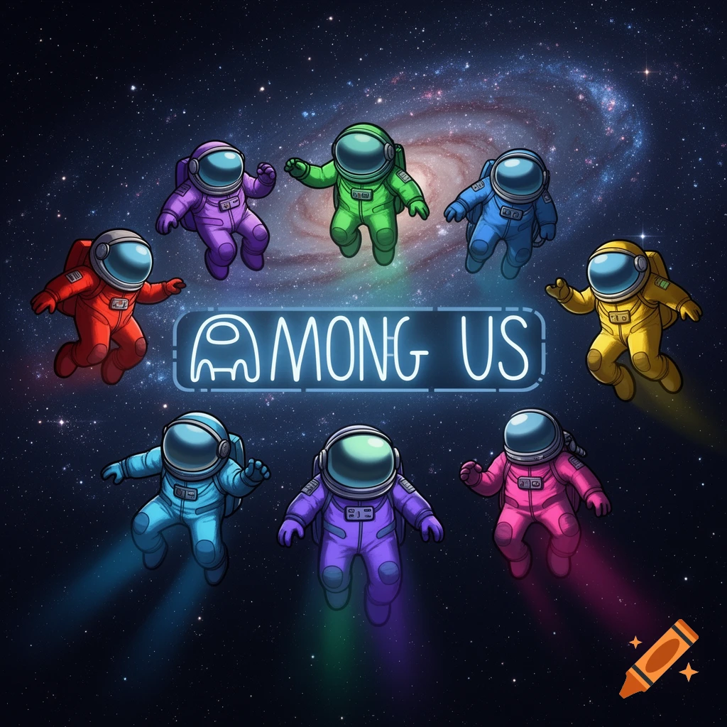 Seven colorful Among Us crewmates float in space with a galaxy behind them and a neon 'AMONG US' sign in the center.