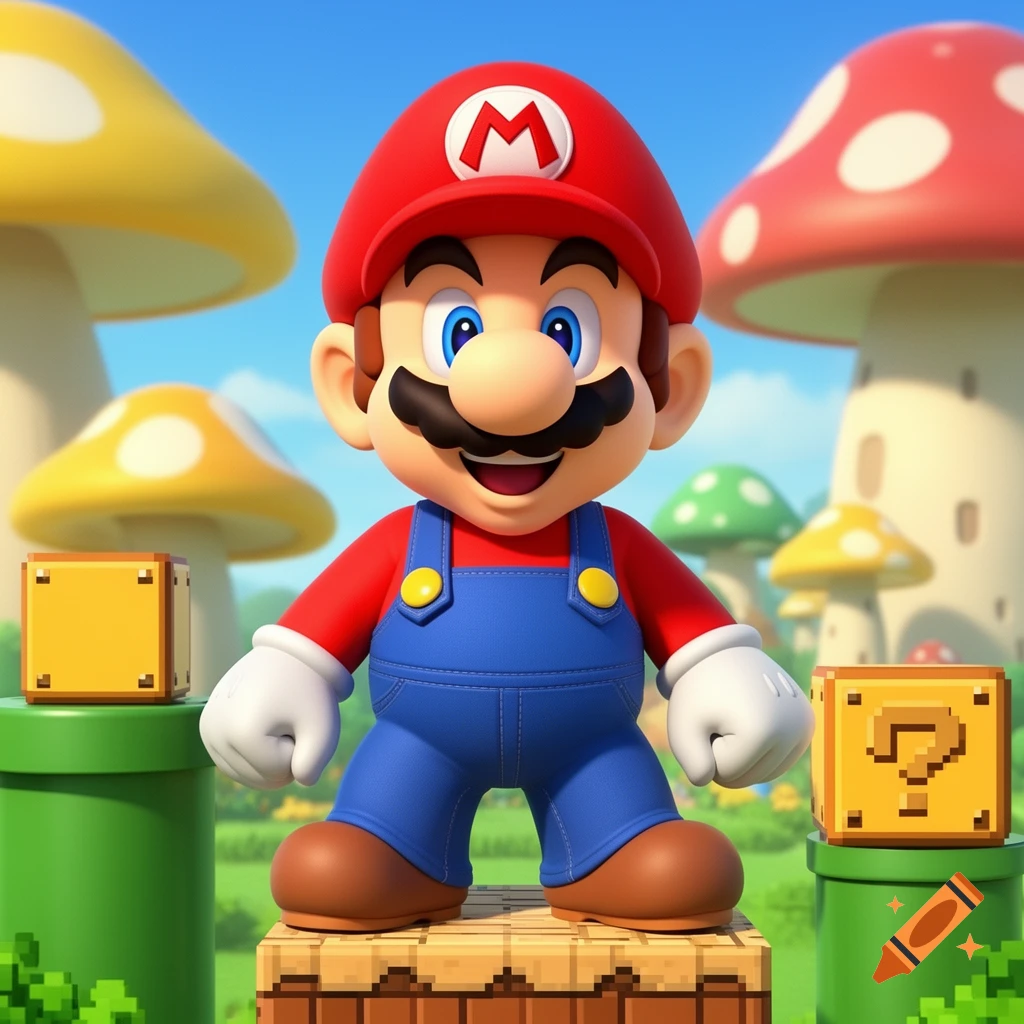 A 3D render of Mario standing on a pixelated block, surrounded by green pipes and large mushroom houses under a blue sky.