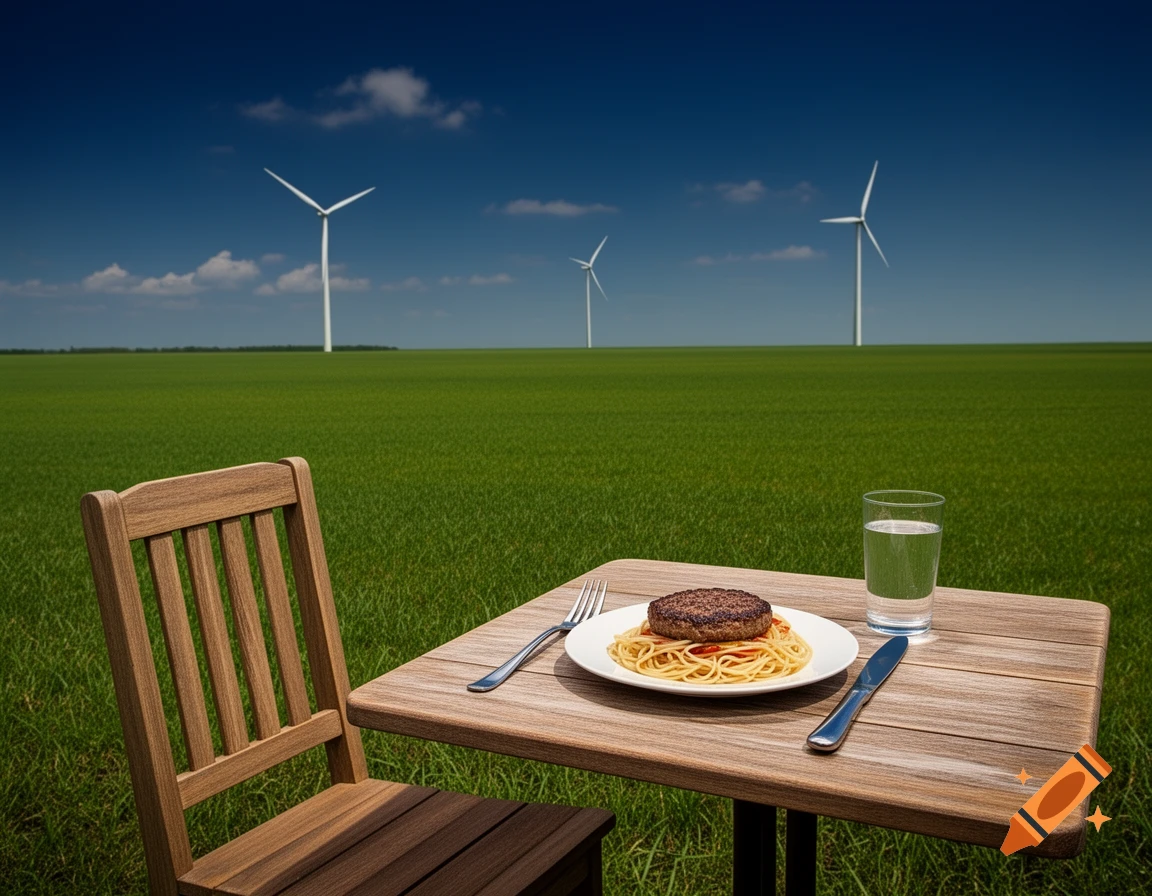 Photorealistic image of spaghetti and a hamburger on a wooden table in a green field with wind turbines under a blue sky.