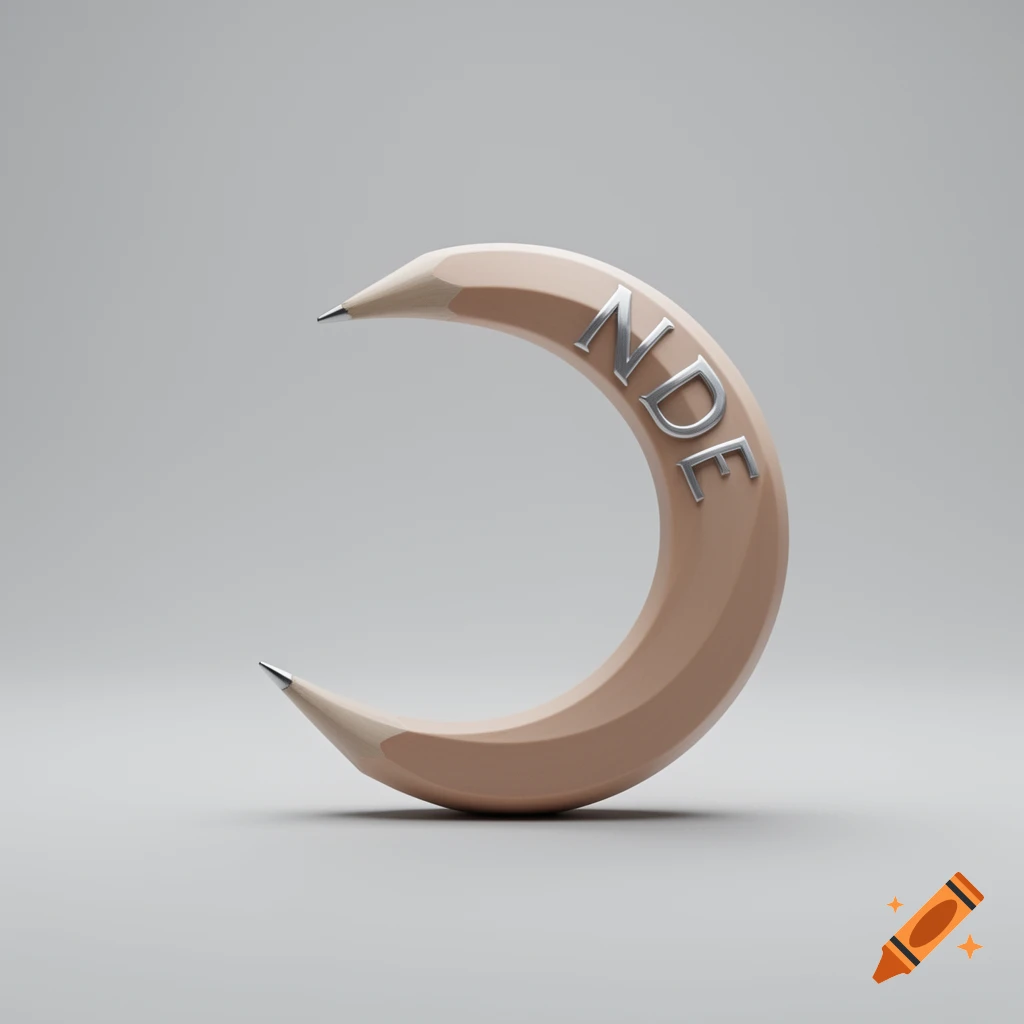 3D render of a C-shaped light brown pencil with silver tips and the letters NDE in silver on its side, against a light gray background.