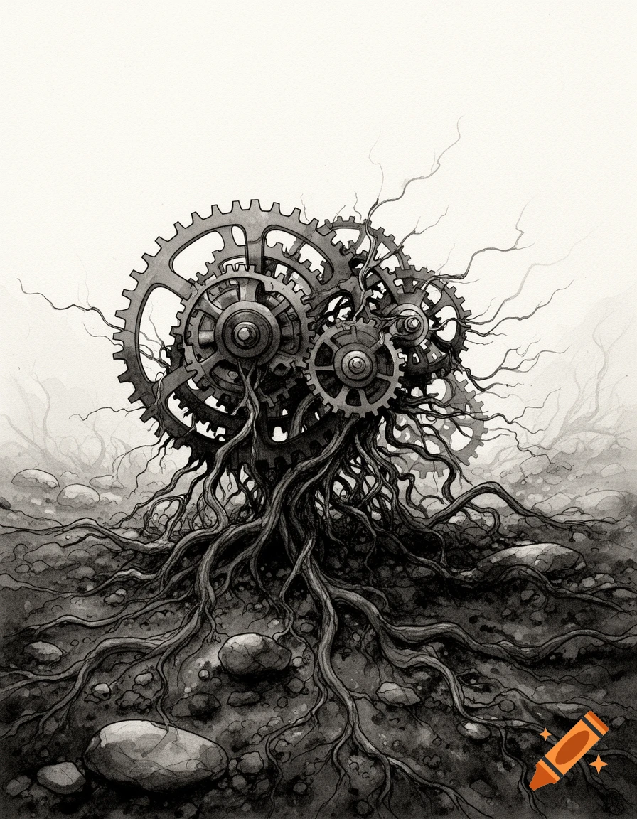 Large, intricate gears intertwined with dark, gnarled roots emerging from rocky soil in a monochrome ink illustration.