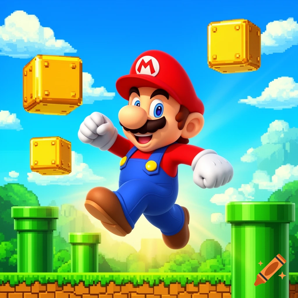 Cartoon Mario jumping in a vibrant, pixelated video game world with golden blocks and green pipes under a blue sky.