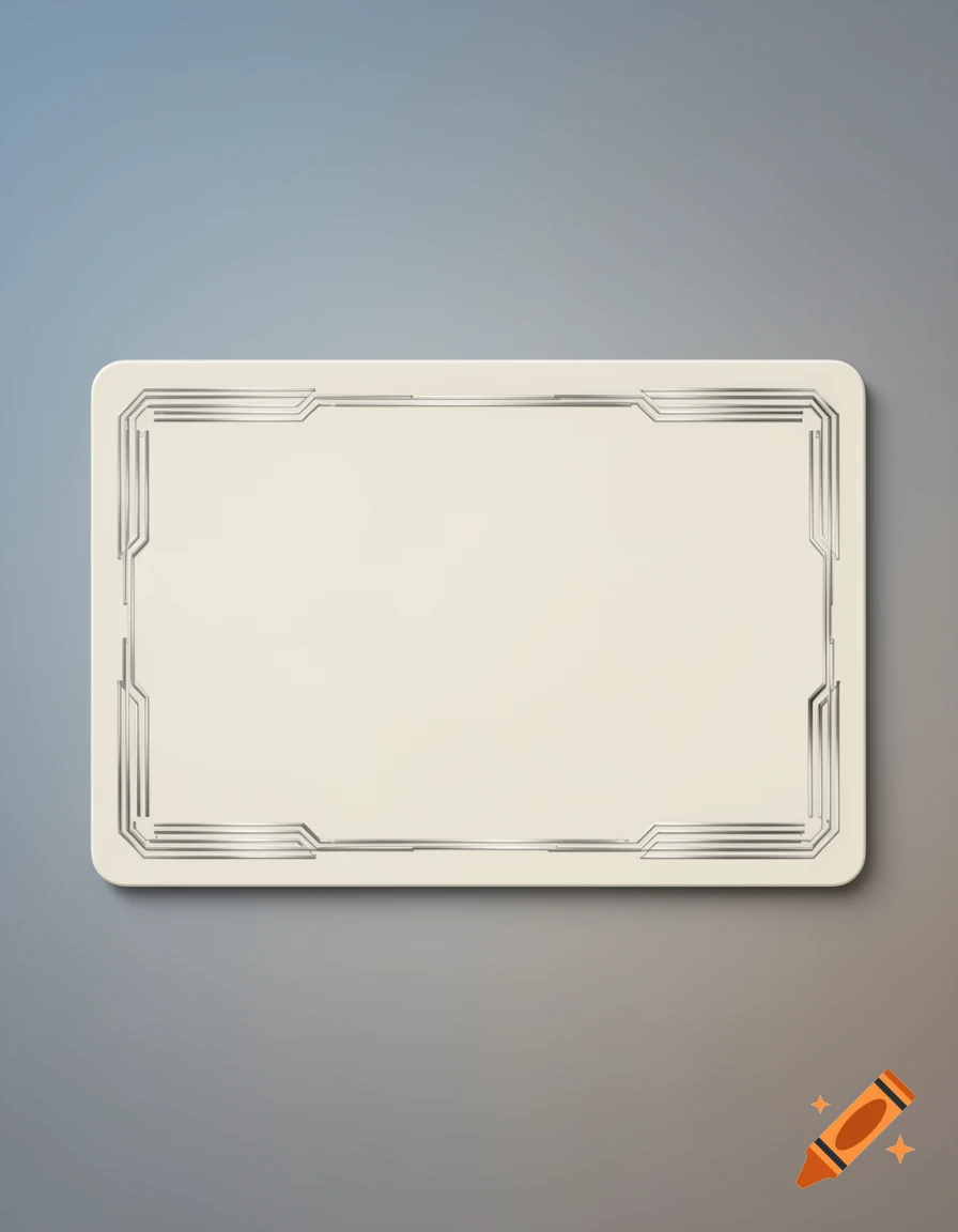 A blank, off-white card with a sleek silver art deco-style border, set against a smooth blue and gray gradient background.
