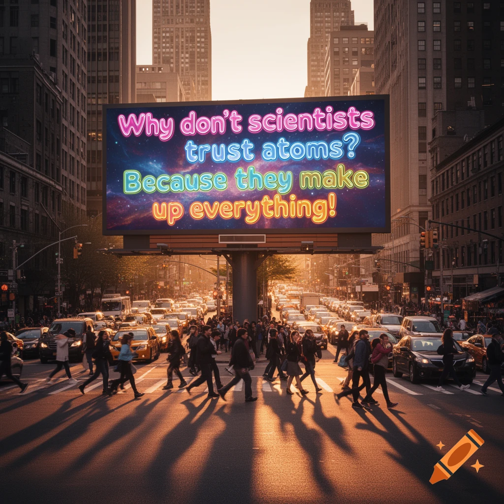 A bustling photorealistic city street at sunset, with pedestrians and traffic, under a billboard displaying a science joke.