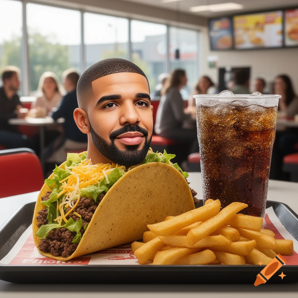 Drake's head emerging from a taco, with fries and a soda on a fast-food tray in a restaurant.