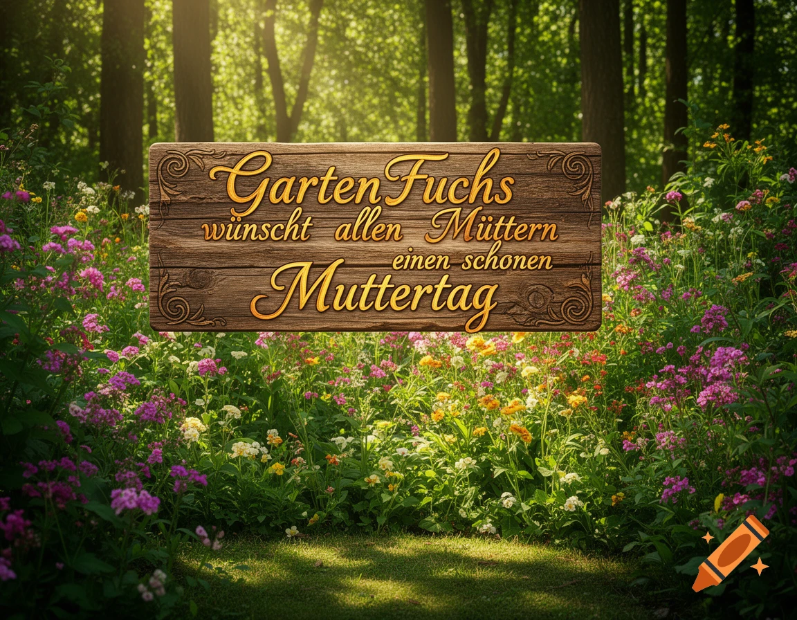 A wooden sign with 'Garten Fuchs wünscht allen Müttern einen schönen Muttertag' in a sunny, flower-filled garden.