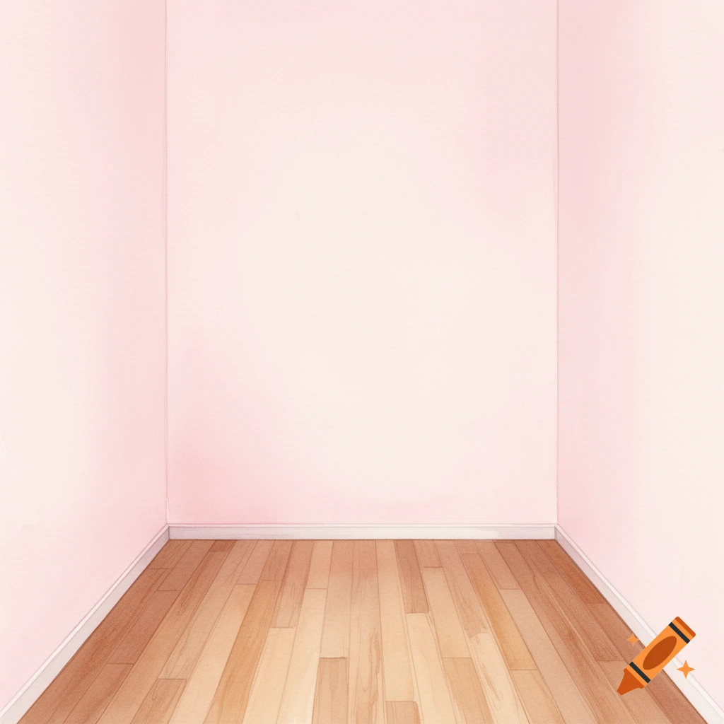 A minimalist empty room with pastel pink walls and a light wooden floor, rendered in a watercolor style.