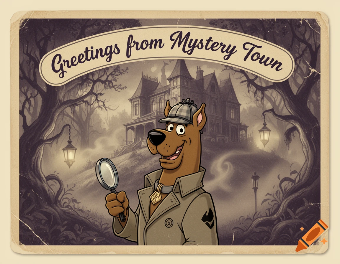 Scooby Doo as a detective in a trench coat and hat, holding a magnifying glass in front of a haunted mansion. Vintage postcard style.