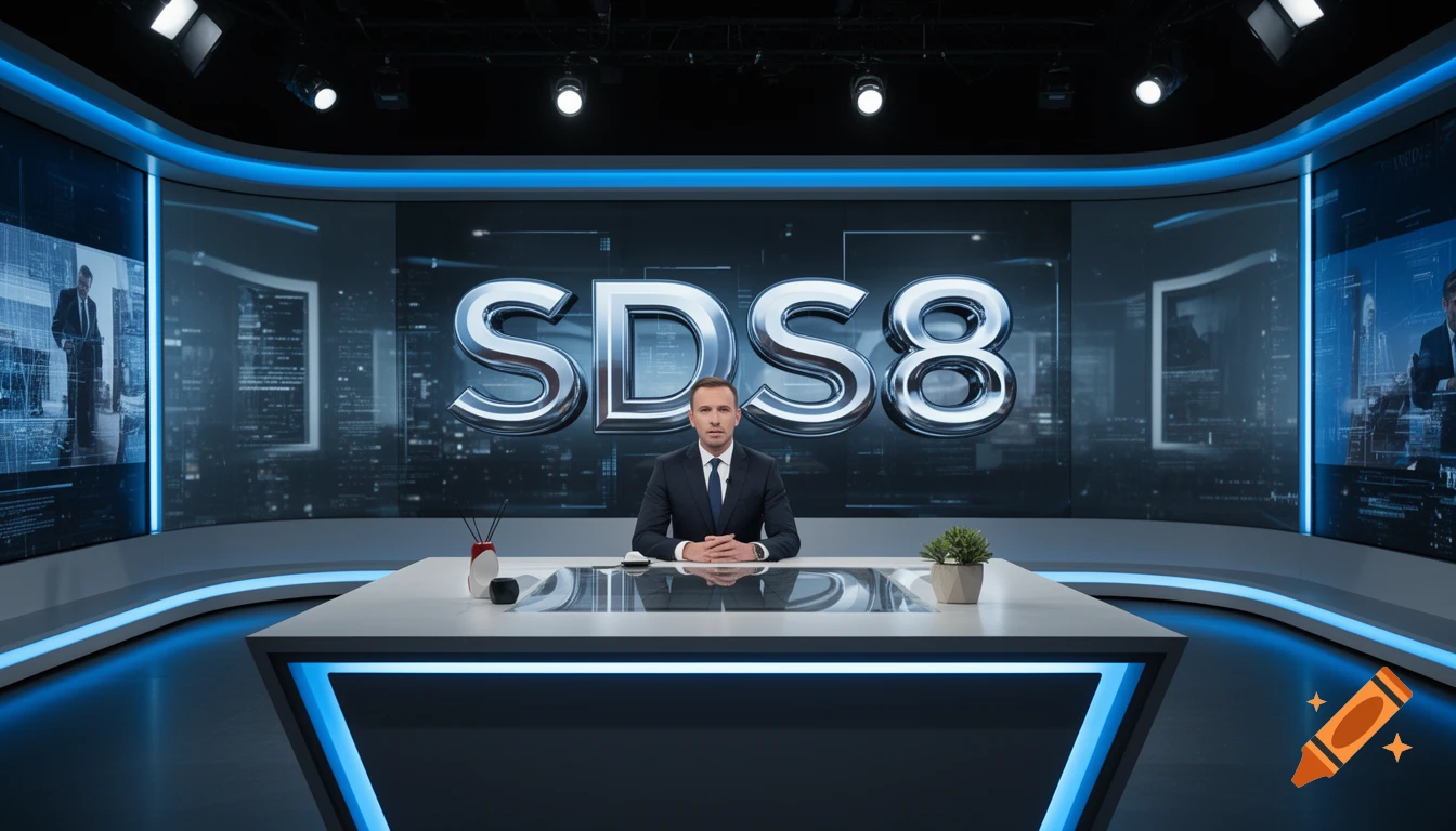 A male news anchor sits at a desk in a modern blue-lit news studio with "SDS8" displayed on the background screen.