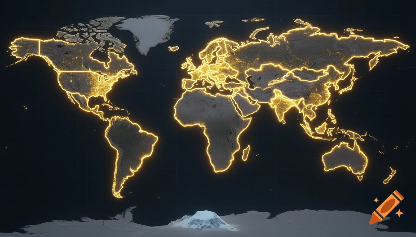 A 3D digital world map with USA, Canada, Mexico, Europe, Russia, Kazakhstan, China, Koreas, and Antarctica glowing neon gold. Other continents are dark grey.