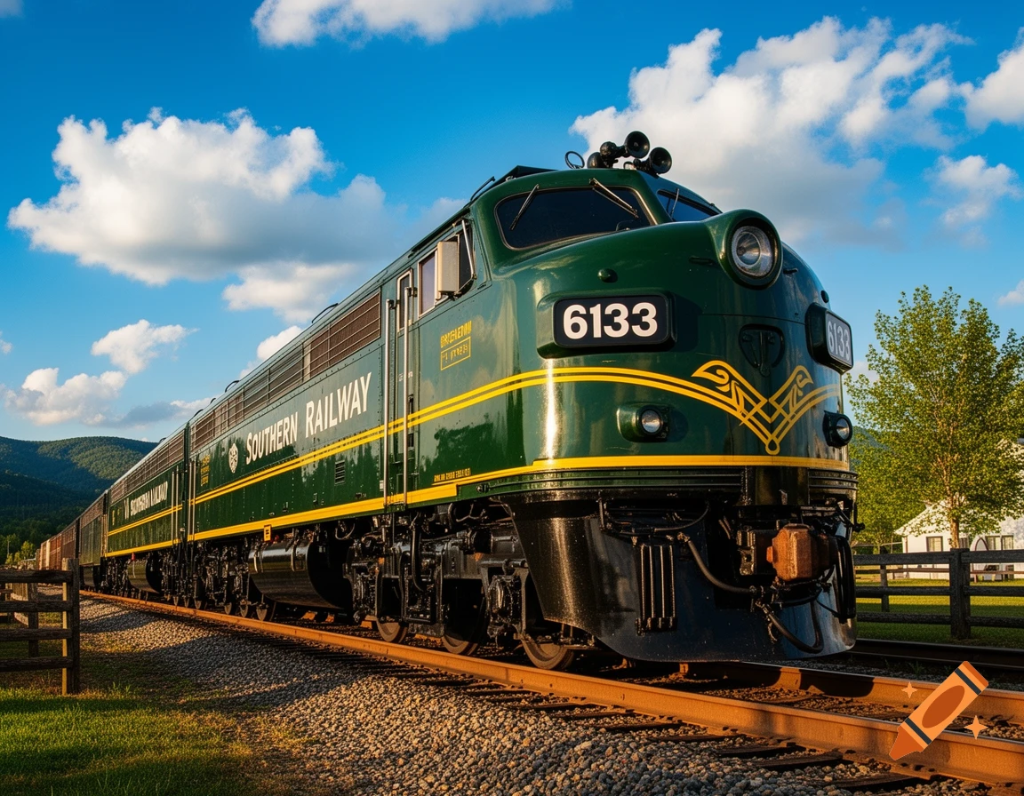 A green and yellow Southern Railway 6133 FP7 locomotive on tracks under a blue sky with clouds, surrounded by green hills and grass.