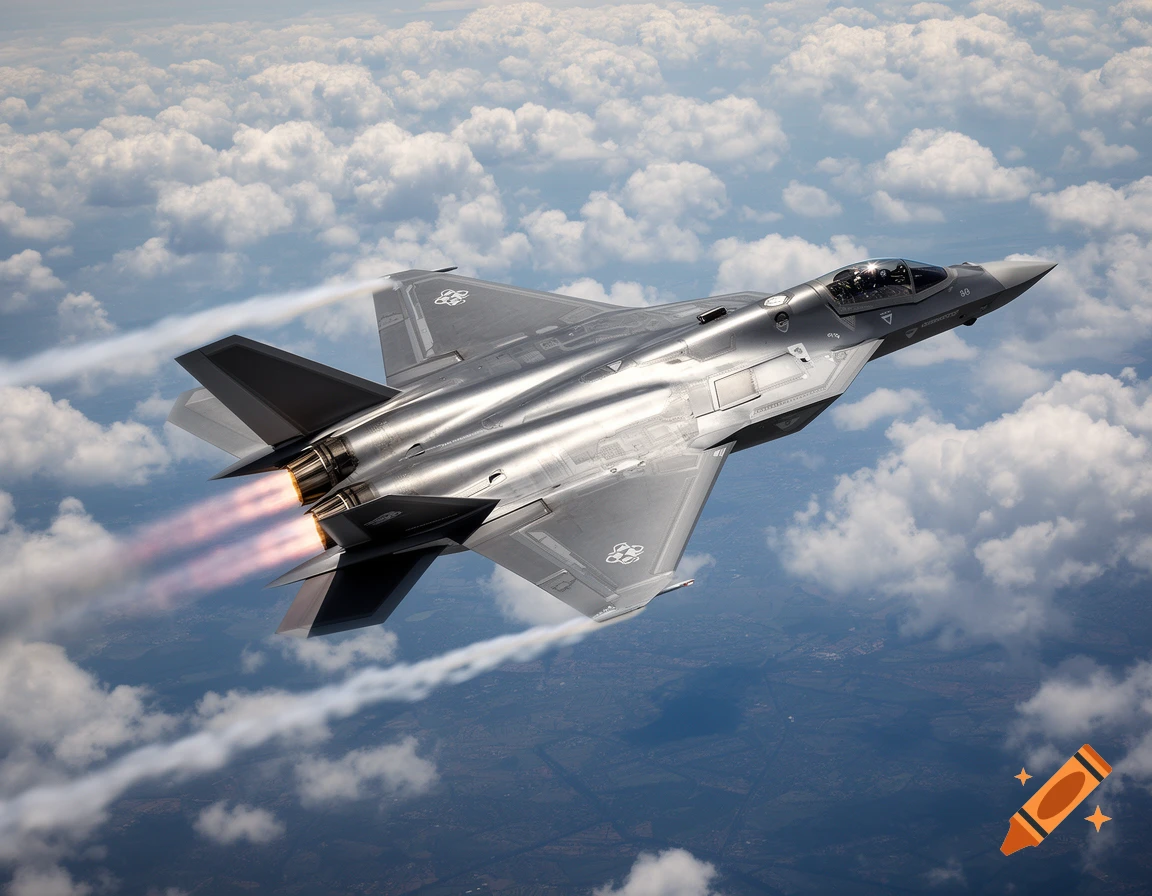 A sleek, silver F-35 fighter jet with glowing afterburners flies above clouds and a landscape below.