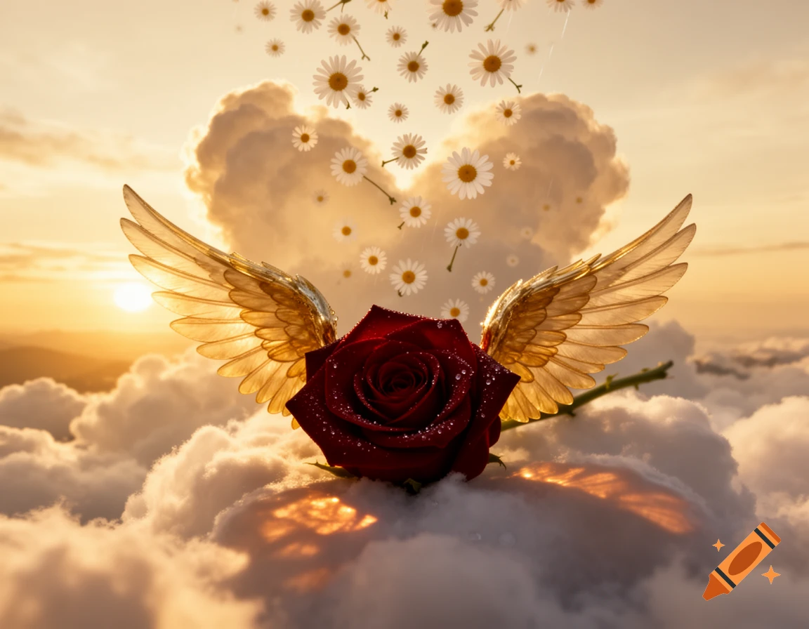 A dark red rose with golden wings rests on clouds as daisies fall, set against a golden sunset and a heart-shaped cloud.