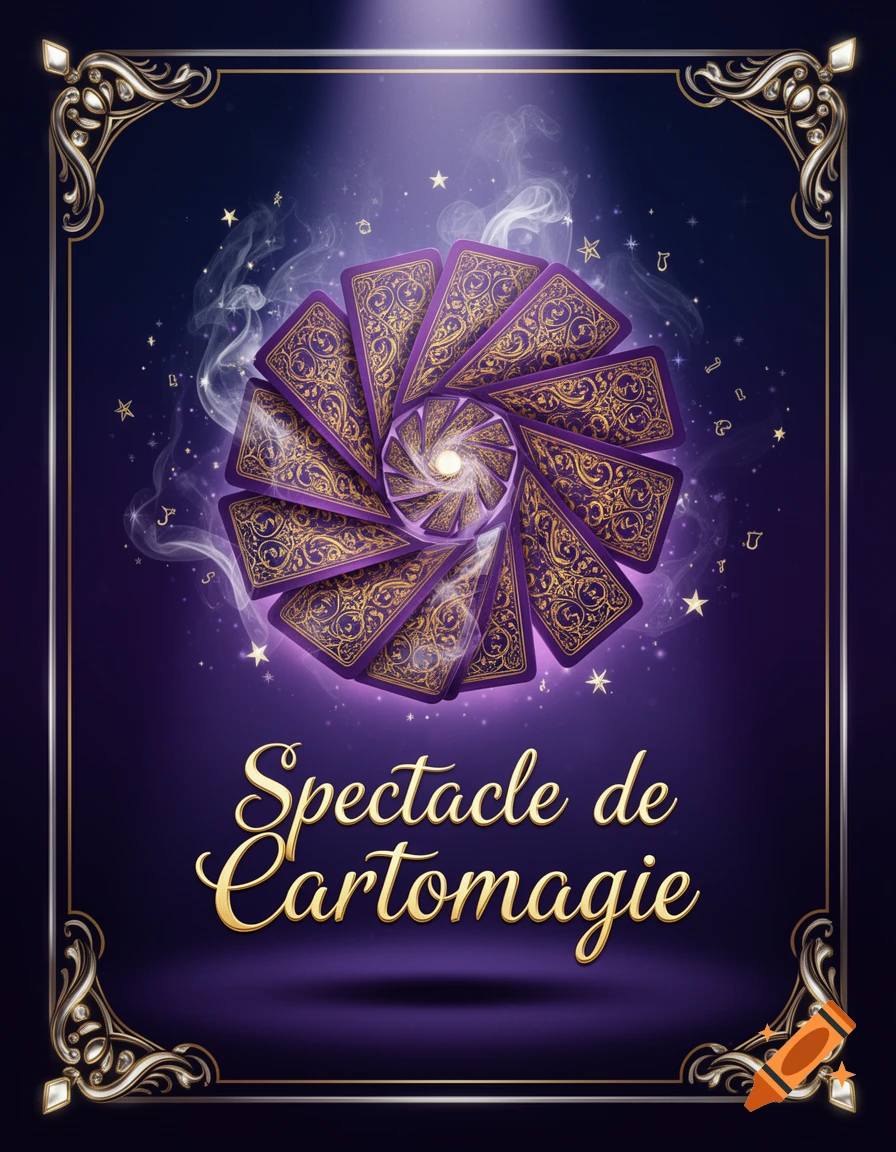 Ornate purple poster for a magic show, featuring a spiral of gold-backed playing cards, smoke, and 'Spectacle de Cartomagie' text.