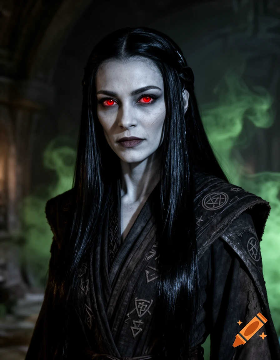 A pale-skinned woman with long black hair and glowing red eyes, dressed in dark, patterned robes, stares intensely in a dimly lit, smoky setting.