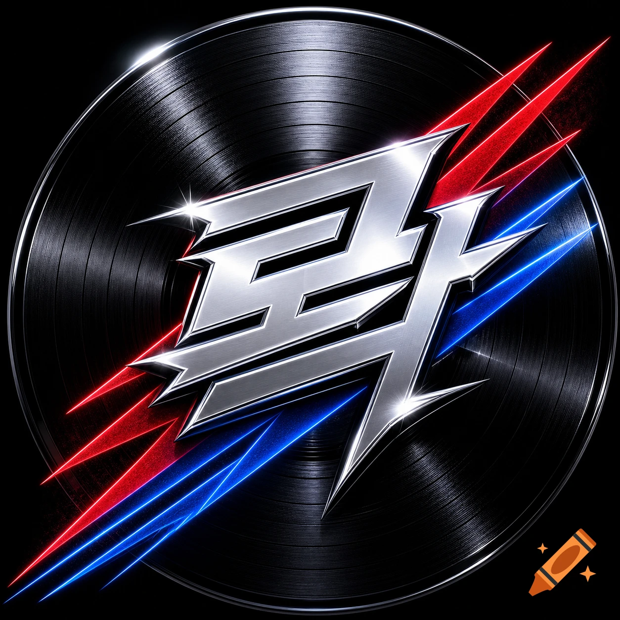 Stylized metallic silver Korean characters '" "' logo on a black vinyl record with sharp red and blue neon streaks.