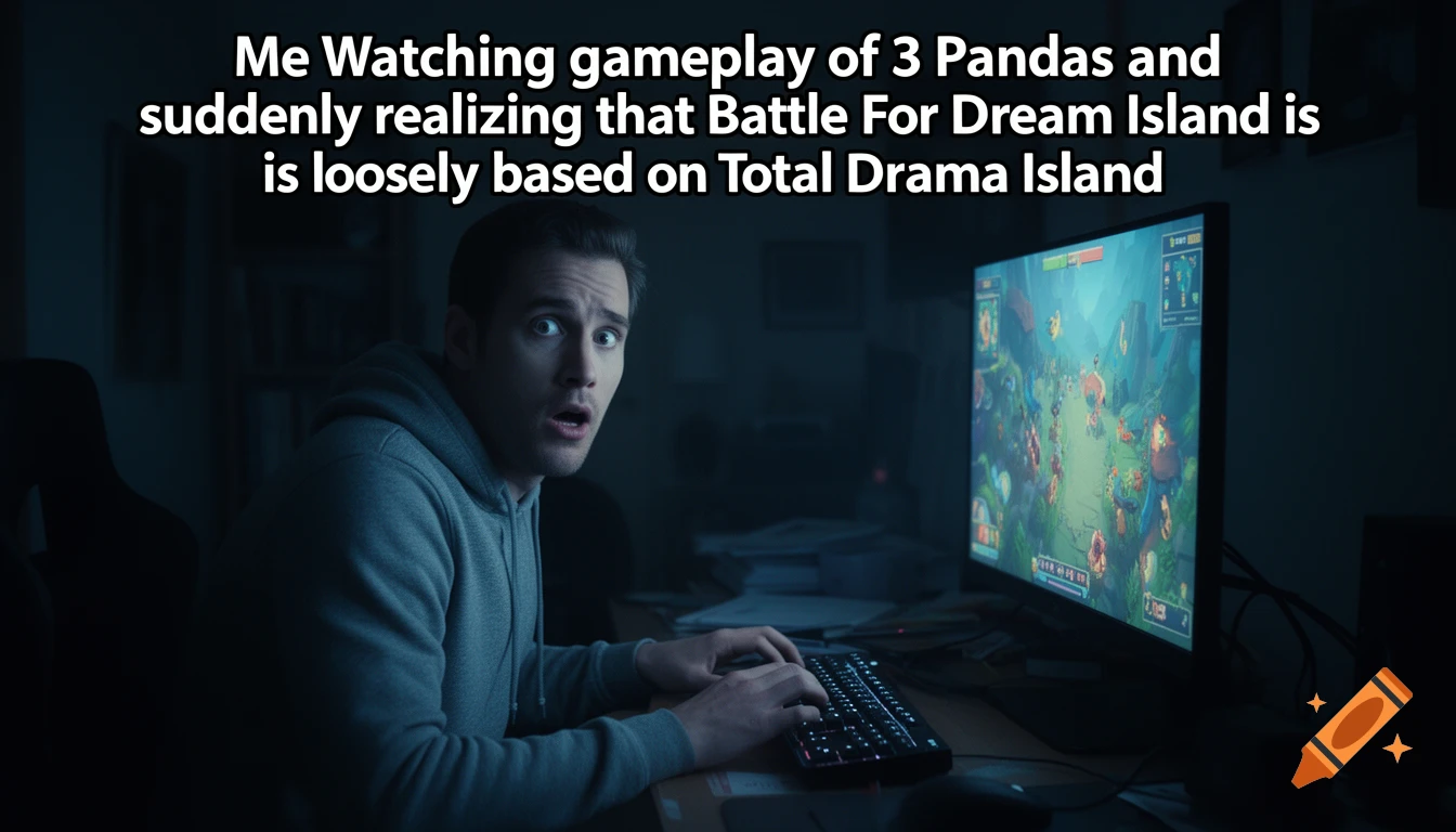 A shocked man in a dark room sits at a desk with a computer and keyboard, looking wide-eyed at the camera. Text above forms a meme about game realization.