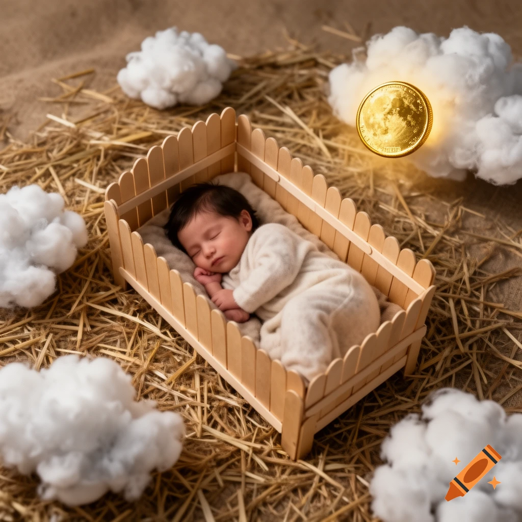 A sleeping baby in a wooden popsicle stick crib surrounded by straw and cotton clouds, with a glowing golden moon coin floating above.
