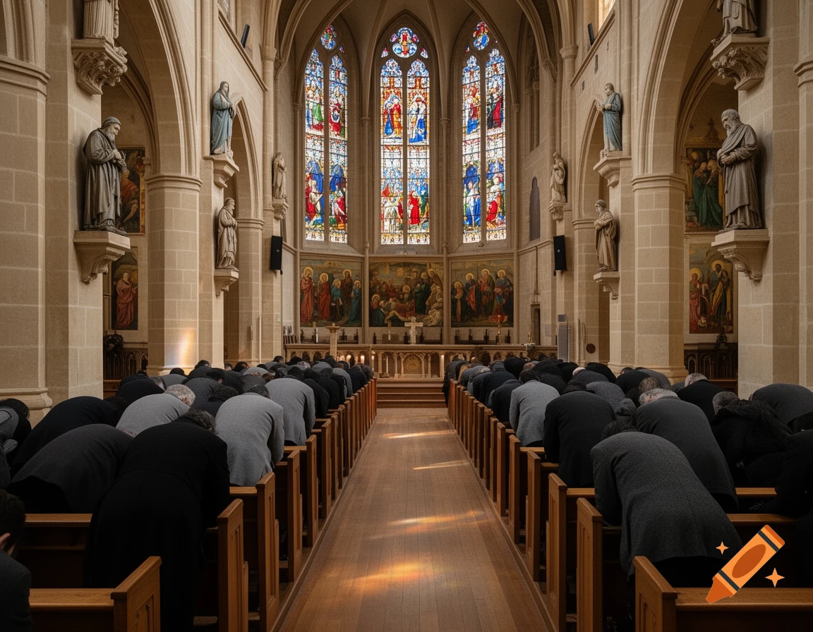 People in dark clothes bow in prayer facing the altar of a grand church with stained glass windows and stone pillars.