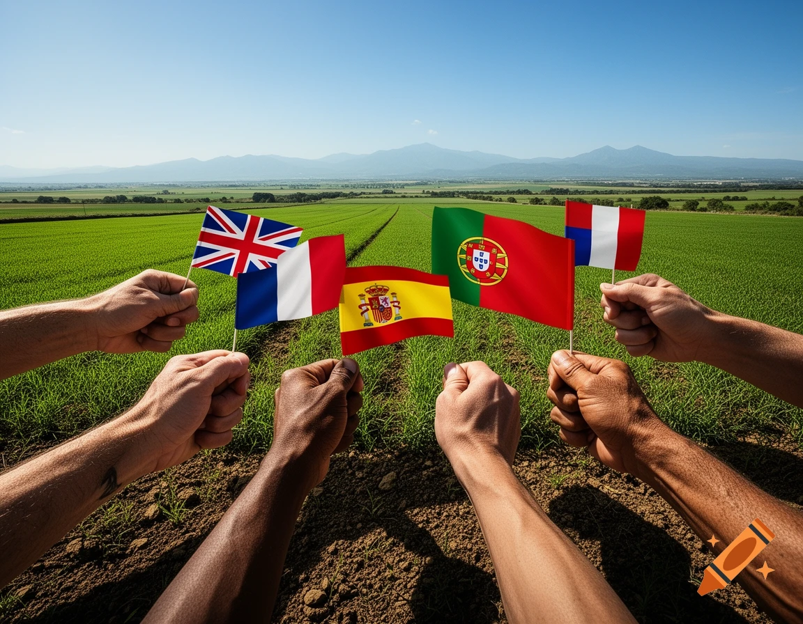 Multiple hands of varying skin tones hold small flags of Britain, France, Spain, Portugal, and Luxembourg in a green field.